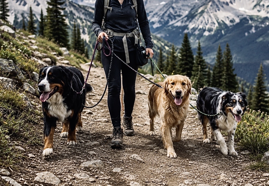 Handler hiking a mountain trail with three leashed dogs and sweeping alpine views