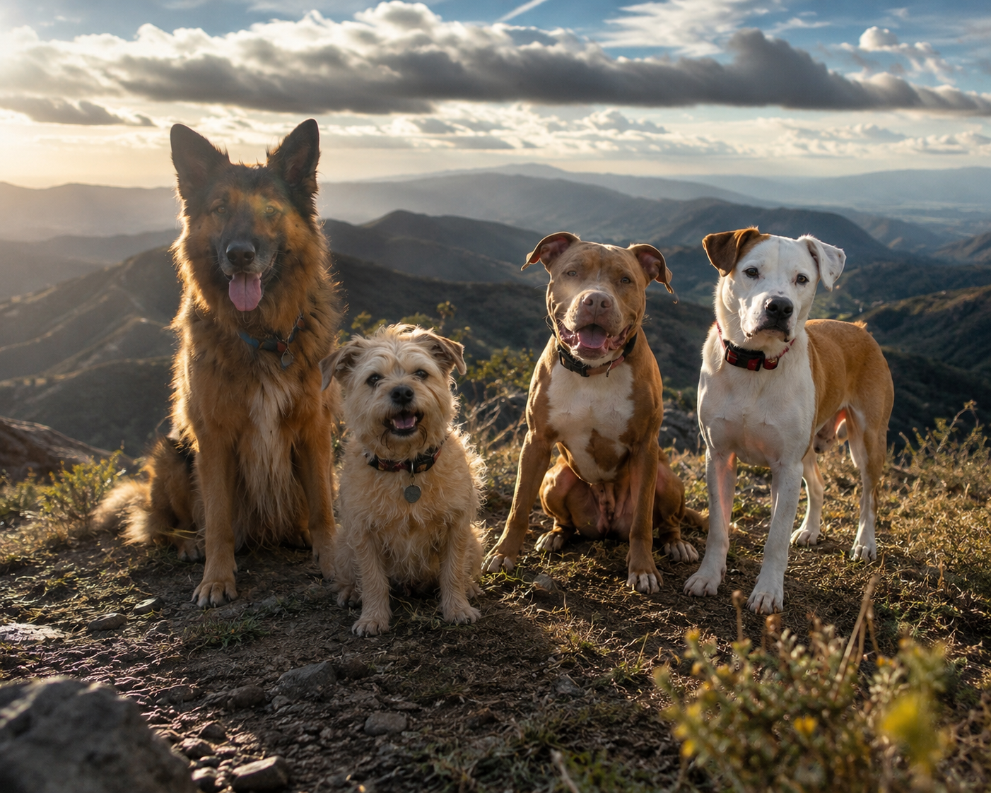 Four dogs posed on a mountain overlook at sunset with layered hills behind them