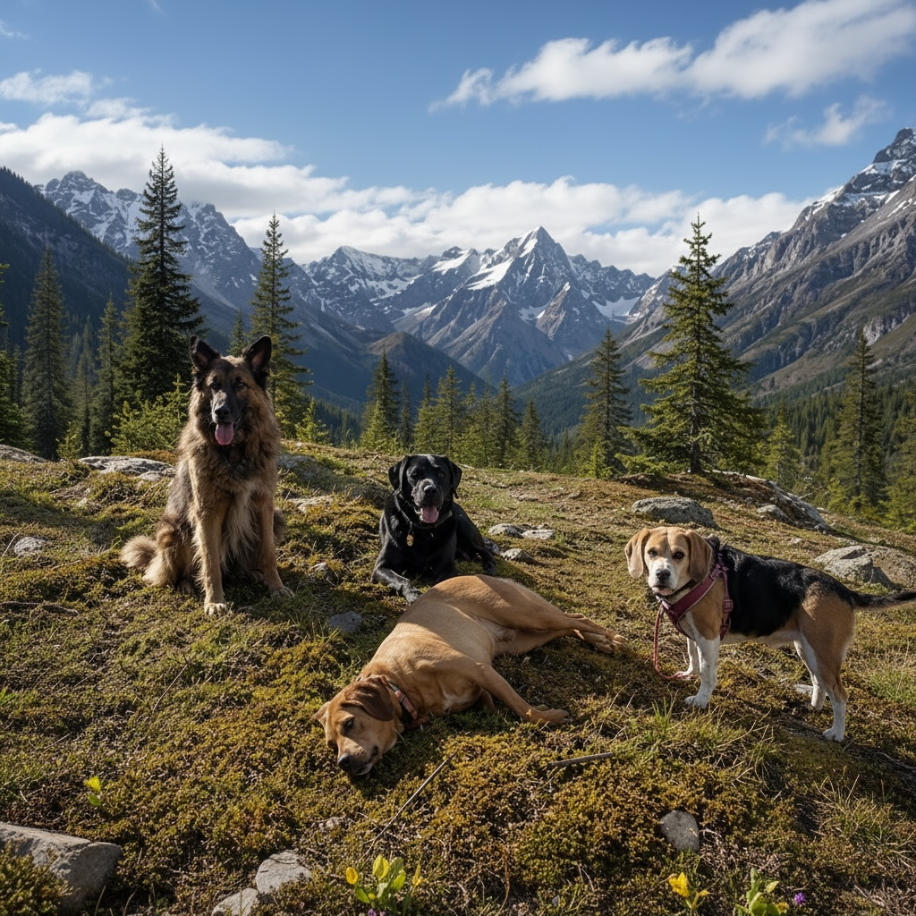 Four dogs resting together on an alpine ridge with snowy peaks in the background